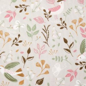 Tissu imprimé Fleurs et oiseaux Ton Lin- 100% Coton - vendu au mètre ou au 1/2 mètre