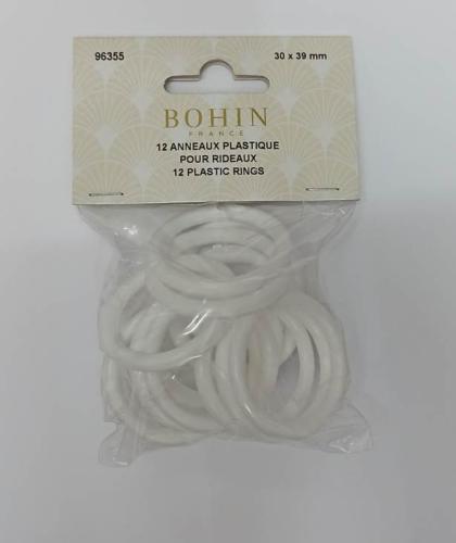 ANNEAUX PLASTIQUES BLANCS  POUR RIDEAUX - 30 x 39mm - LOT DE 12 ANNEAUX