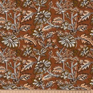 TISSU Fleurs et Feuillages Marron Caramel  100% Coton - Au mètre