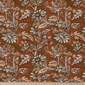 TISSU Fleurs et Feuillages Marron Caramel  100% Coton - Au mètre