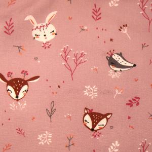 Tissu Imprimé Animaux de la Forêt  - Fond Rose - 100% coton - au mètre