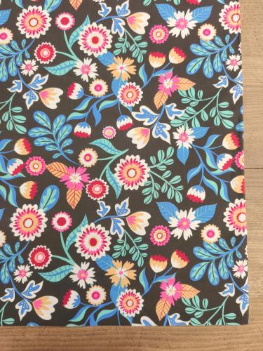 TISSU 100%  COTON  IMPRIME  FLEURS stylisées fond noir              mètre