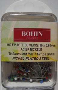 Epingles à piquer en acier à tête de verre 30mm assortiment BOHIN FRANCE - boite de 150 