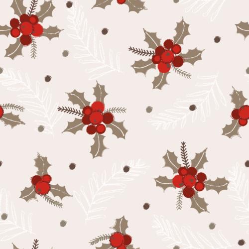 TISSU 100% coton BIO - Motifs Houx de Noël - au mètre