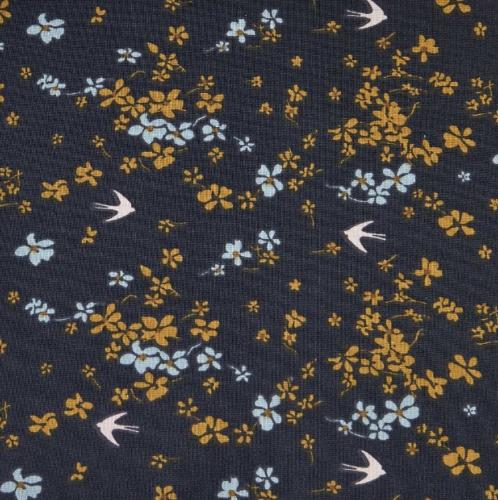 Tissu imprimé oiseaux et fleurs fond Marine100% Coton - vendu au mètre ou au 1/2 mètre