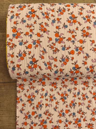Tissu Double gaze Fantaisie -fond rose fleurs orange- au mètre 