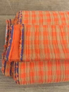 TISSU 100% COTON double gaze vichy Orange Camel- Bi Face