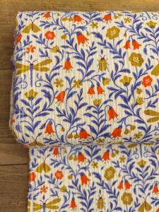 Tissu Double gaze Fantaisie -fond écru clochettes orange- au mètre 