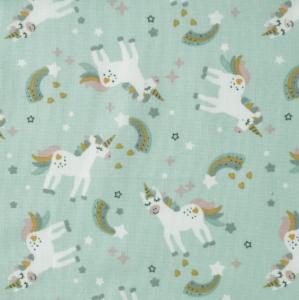 Tissu imprimé Licorne - fond vert 100% Coton - au mètre 