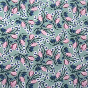 Tissu imprimé Fleurs - Parme fond Turquoise - 100% coton - au mètre