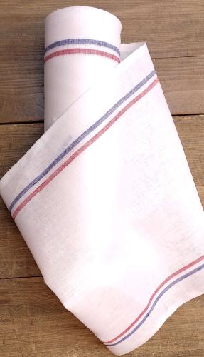 Tissu à Torchon au mètre 100% LIN - Fond BLANC rayé Bleu Blanc Rouge - Largeur de 49cm