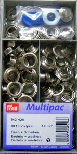 Oeillets Argent 14mm avec rondelles et jeu de pose - boite de 80  - PRYM