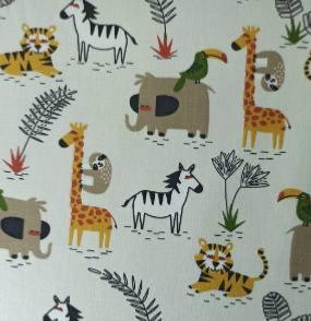 Tissu imprimé Animaux de la Jungle - Fond Beige - 100% coton - au mètre
