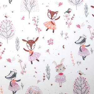 Tissu Imprimé Danse des Animaux - Fond Blanc - 100% coton - au mètre