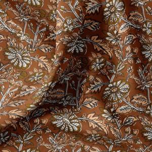 TISSU Fleurs et Feuillages Marron Caramel  100% Coton - Au mètre